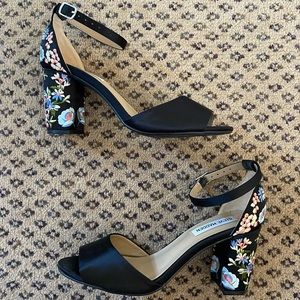 Sharp looking black satin with blue flowers heels